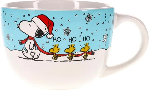 Silver Buffalo Peanuts Snoopy and Woodstock - Tazón de cerámica para sopa con asa para helado, cereales, bebidas, capacidad para 24 onzas