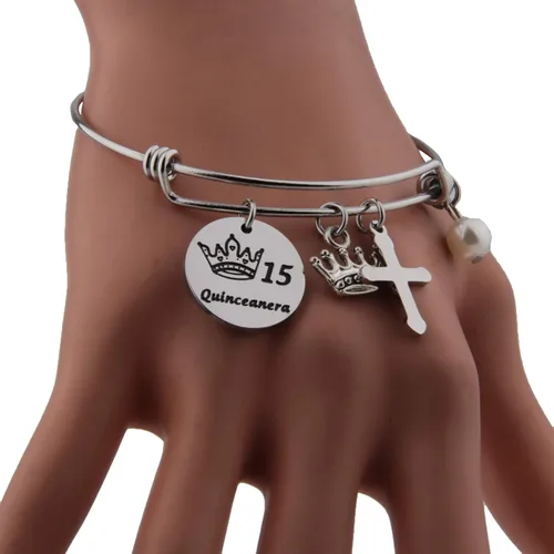 Miniatura 5 de FEELMEM Quinceañera - Pulsera de 15 cumpleaños para niñas y niñas 15 años de quinceañera brazalete de alambre expandible joyería de membrillo