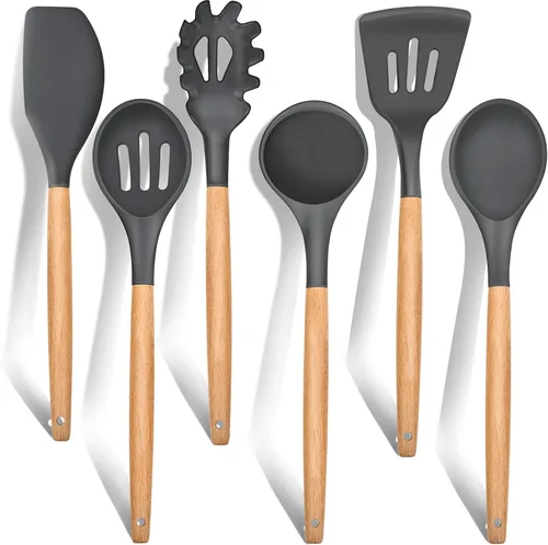 E-far Juego de 6 utensilios de cocina de silicona con mango de madera, utensilios de cocina antiadherentes y resistentes al calor, incluye Gris