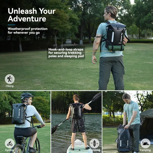 Miniatura 6 de MARCHWAY Mochila impermeable con parte superior enrollable, bolsa seca flotante de 20L/30L/45L con base rectangular ergonómica, espalda acolchada