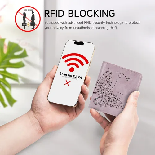Miniatura 5 de KITEVIUN Pequeña cartera RFID para mujer, ultrafina, delgada, mini, compacta, plegable, con bolsillo, para mujer, púrpura (01-purple)