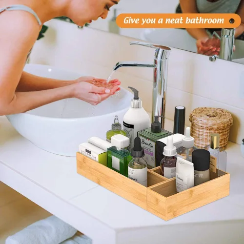 Miniatura 5 de Organizador de cajones de bambú portautensilios para cocina, organizador de almacenamiento de cubiertos de madera pequeña, bandeja de caja apilable