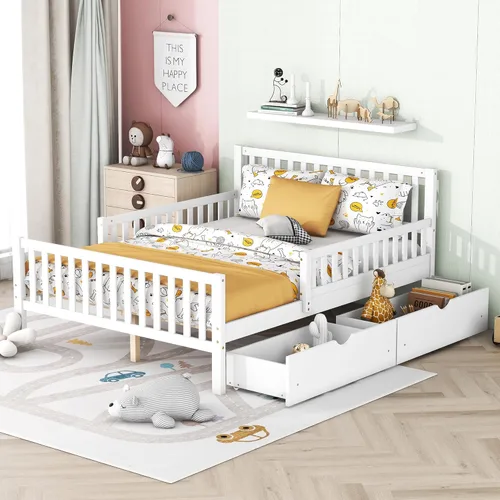 Miniatura 22 de VilroCaz Moderna cabecera de almacenamiento de cama de tamaño individual y barandilla de seguridad para niños, base de cama de plataforma de madera