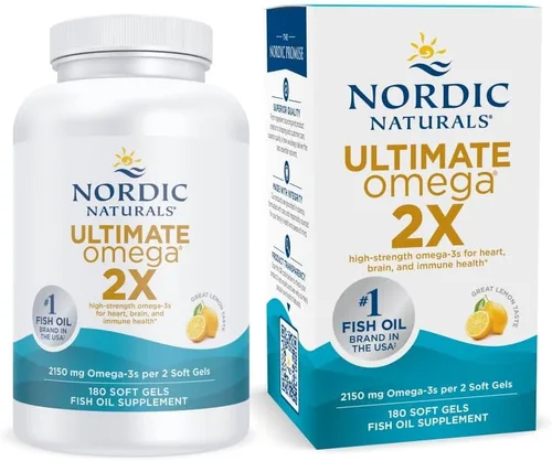 Nordic Naturals Ultimate Omega 2X, sabor a limón, 180 geles suaves, 2150 mg de omega-3, aceite de pescado de alta potencia con EPA y DHA, promueve