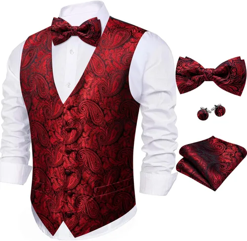 Miniatura 51 de Barry.Wang Conjunto de chaleco de pajarita para hombre, chaleco con cuello en V de seda jacquard de cachemira, gemelos de pañuelo formal/ocio, boda