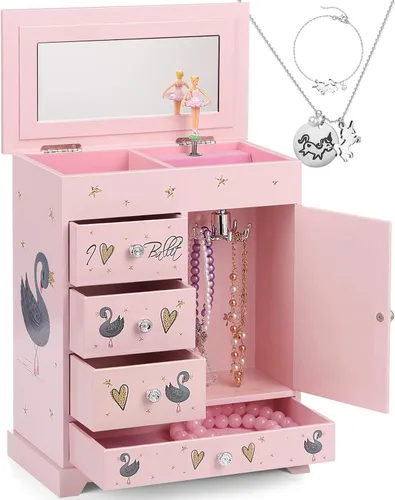 Joyero grande para niñas, caja musical de 5 capas con puerta batiente, bailarina giratoria, juego de joyas de unicornio incluido, caja organizadora