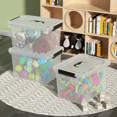 Miniatura 5 de Paquete de 4 cajas de plástico de 20 L, contenedores de almacenamiento transparentes con tapas/asas