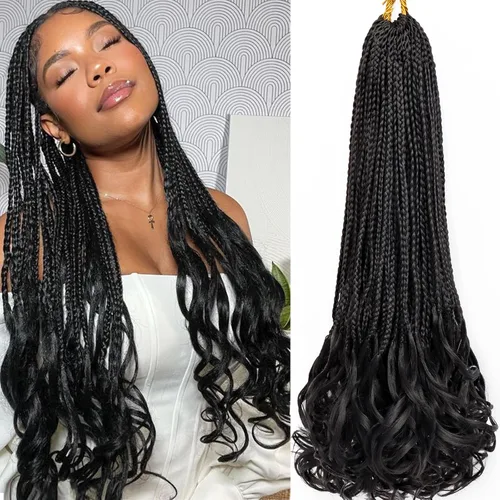 Miniatura 30 de Trenzas de ganchillo rizadas francesas de 22 pulgadas, 8 paquetes, trenzas de caja diosa grises para mujeres, de ganchillo pre-trenzadas con Trenzas