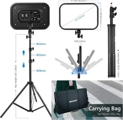 Miniatura 9 de NEEWER RGB168 Panel de Luz LED RGB de Video de 18.3" con Control de Aplicación, Kit de Soporte de Trípode de 2 Paquetes, 60W/360°