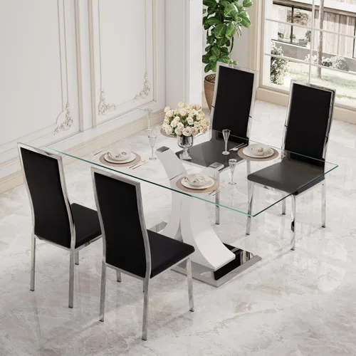 Miniatura 3 de Moderno juego de mesa de comedor rectangular de vidrio para 4, 63 pulgadas, mesa transparente de cocina de lujo con base negra y dorada, 4 sillas