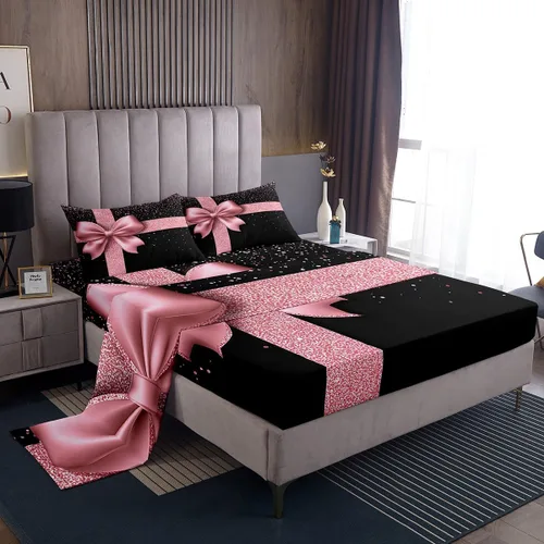 Miniatura 3 de Castle Fairy Juego de sábanas con lazo, juego de sábanas de diamante con purpurina para niños, juego de ropa de cama rosa y negro para niños