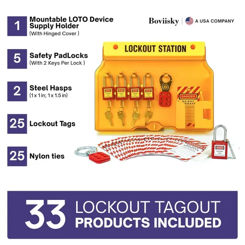 Miniatura 4 de Estación de etiquetado de bloqueo con dispositivos Loto – 5 candados de seguridad, 2 cerrojos, 25 etiquetas de bloqueo, 25 lazos de nailon, kit