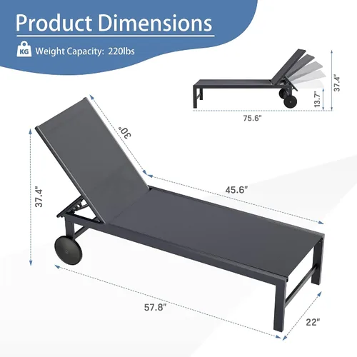 Miniatura 2 de QAQA - 2 tumbonas para exteriores con ruedas, silla de aluminio para patio con 5 posiciones ajustables para piscina, playa, patio, gris oscuro