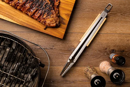 Miniatura 4 de Pinzas para barbacoa de acero inoxidable 18/0 de 9 pulgadas con mango ergonómico de madera de roble real para cocinar, accesorio duradero