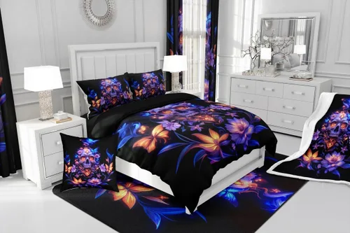 Miniatura 7 de Erosebridal Juego de ropa de cama de calavera gótica, flores mandala, mariposa hippie para niñas y niños, edredón de esqueleto de la muerte de Negro