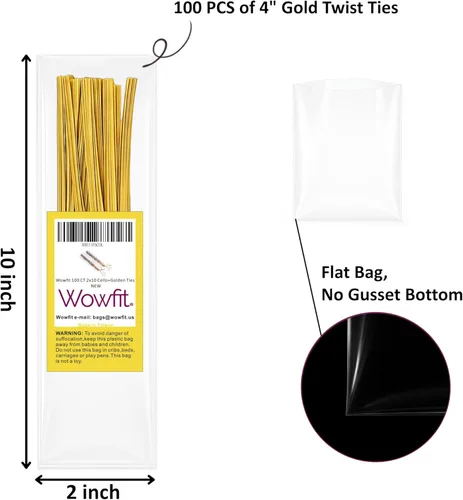 Miniatura 2 de Wowfit 100 bolsas de celofán plano transparente de 2 x 10 pulgadas con lazos dorados de 4 pulgadas, embalaje de celofán para barras de pretzel