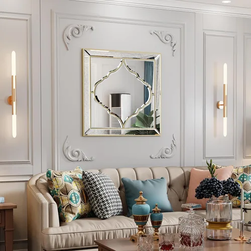 Miniatura 6 de Espejo de pared cuadrado de 32 pulgadas, borde biselado plateado, marco dorado, decoración artística de lujo
