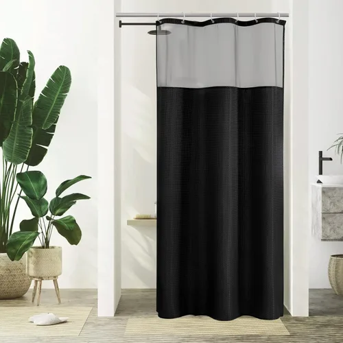 Miniatura 21 de Gibelle Juego de cortina de ducha de tejido gofre con ventana superior de malla y ganchos, cortina de ducha de tela estilo spa para baño, beige, 72