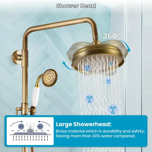 Miniatura 6 de Accesorio de ducha de doble función fijado 8 cabezal de ducha de lluvia 2 pomos dobles mango cruzado Latón antiguo