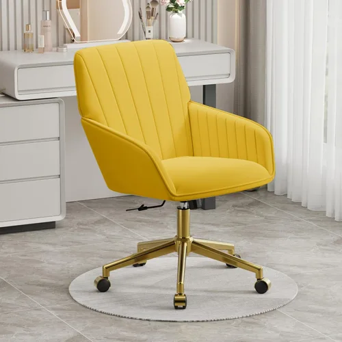 Miniatura 2 de YISHENG Silla de escritorio de oficina de terciopelo con base dorada, con ruedas, moderna altura ajustable de 360 grados, giratorias, tapizadas