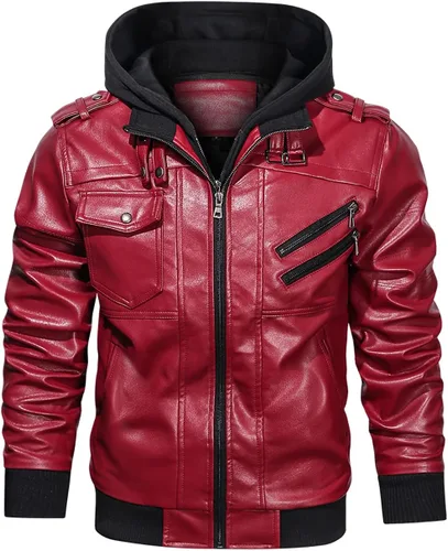Hood Crew - Chaqueta bomber para hombre, casual, con cuello alto, cazadora de moto, de piel sintética de poliuretano, con cremallera y capucha