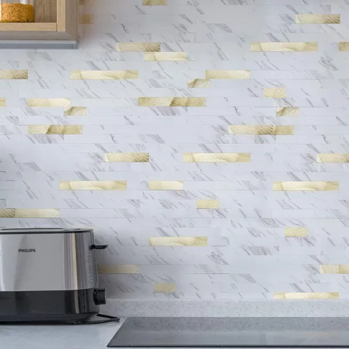 Miniatura 2 de Art3d - Azulejos despega y pega de 10 hojas para salpicadero de cocina, baño, chimenea y lavandería en color pizarra blanca con tachuelas doradas