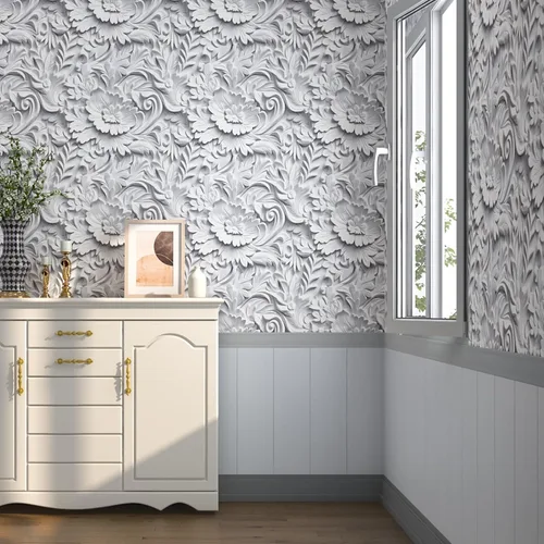 Miniatura 2 de Papel tapiz floral 3D de imitación para despegar y pegar, papel tapiz moderno de plasto de plástico con flores grandes, papel de contacto blanco