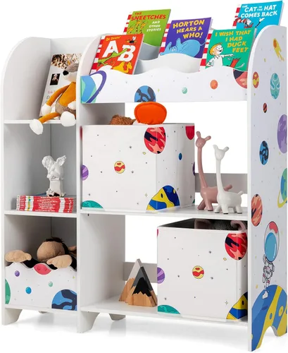 Miniatura 10 de HONEY JOY Organizador de almacenamiento de juguetes para niños, unidad de almacenamiento de madera con 2 cajas, estantería de exhibición para niños