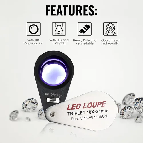 Miniatura 6 de 10x Lupa de Bolsillo Plegable con Luz UV y LED para Joyas, Rocas, Monedas y Antigüedades - Herramienta de Aumento Iluminada para Ojos, Sellos, 10