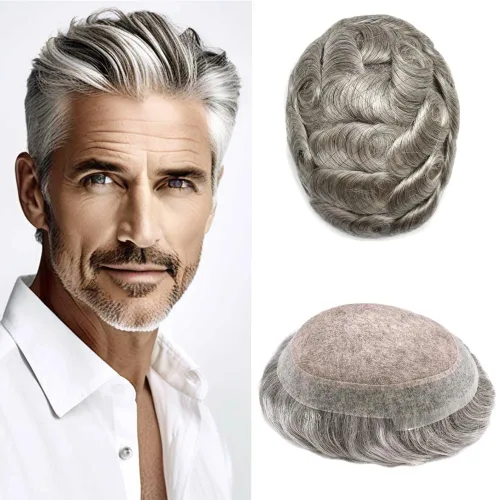 Miniatura 38 de Monofilamento fino para hombre, sistema de cabello humano Remy, piel de polietileno transparente alrededor del postizo de monofilamento, peluca