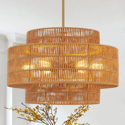 Miniatura 11 de Lámpara de araña bohemia de ratán de 17.7 pulgadas, lámpara de tambor dorada tejida a mano con 4 luces, lámpara de granja para comedor, dormitorio
