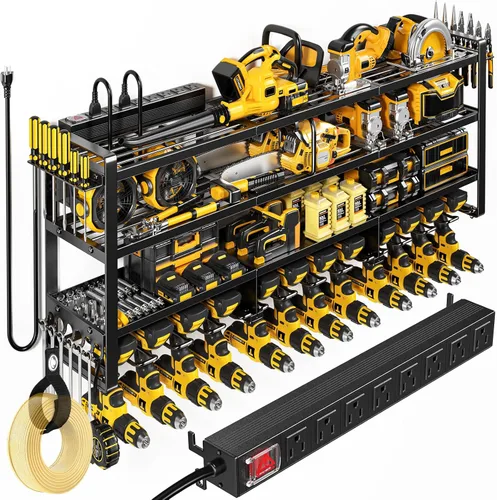 POKIPO Organizador grande de herramientas eléctricas de 49.5 pulgadas de ancho, soporte de pared con estación de carga, 4 niveles, resistente, 12