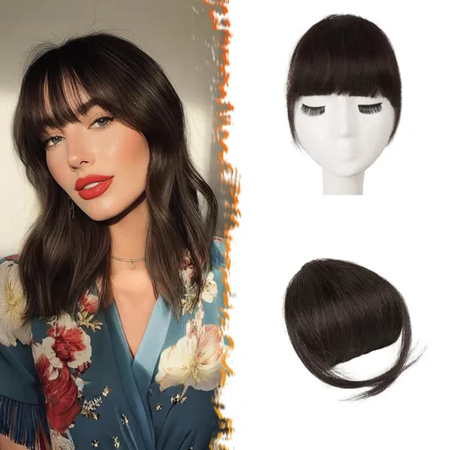 Miniatura 22 de BARSDAR Flequillo postizo de pelo humano real - Flequillo postizo 100% pelo humano para mujeres - Extensiones de flequillo ondulado castaño rojizo