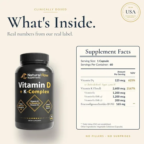 Miniatura 2 de Vitamina D3 de flujo natural con complejo K2 - 5,000 UI D3 + Complejo K completo (K1, MK-4, MK-7) + FOS - Apoyo óseo, corazón e inmunológico
