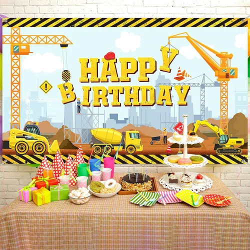 Miniatura 7 de Irenare Fondo de construcción feliz cumpleaños camión volquete fondo excavadora grúa fiesta de cumpleaños banner excavadora excavadora camión fondo
