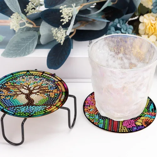 Miniatura 5 de 8 piezas de posavasos de arte de diamante con soporte, kits de pintura de arte de diamante de vidrio coloreado DIY para principiantes, suministros