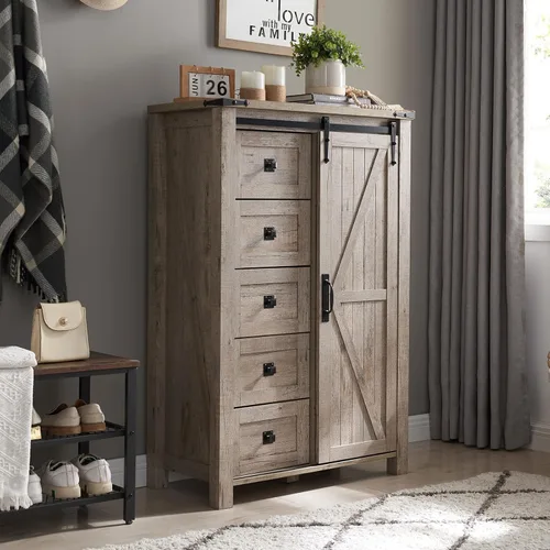 Miniatura 3 de T4TREAM Cómoda de 5 cajones para dormitorio con puerta de granero deslizante, cómoda moderna alta de estilo granja, 5 cajones, organizador de Roble