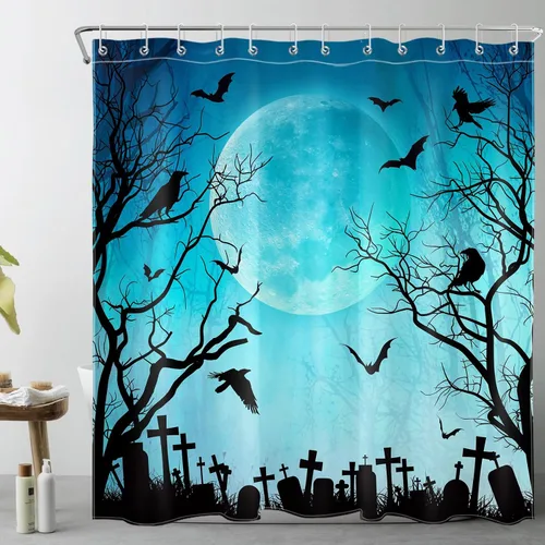 Miniatura 20 de Cortina de ducha de Halloween, cuervo negro, murciélago y árbol muerto en un bosque brumoso espeluznante con ganchos, cortina de baño de noche