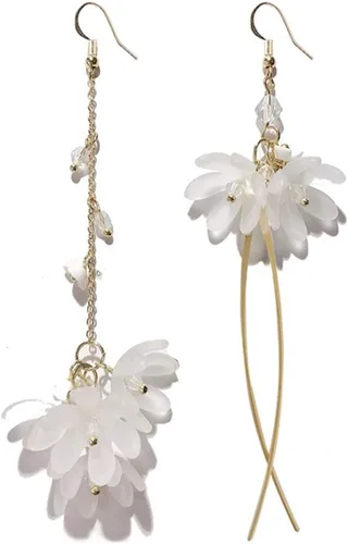 Aretes de gota ligeros bohemios y elegantes, de acrílico, de cristal, asimétricos, con flores, color blanco, largo, pétalos colgantes para mujer,