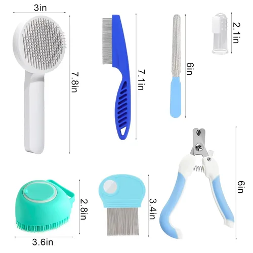 Miniatura 2 de VCZONE Kit de aseo de 8 piezas de cepillos para gatos, kit de autolimpieza para mascotas con cortaúñas y lima para mascotas, peine de pulgas, Azul