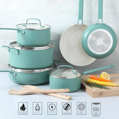 Miniatura 3 de Martha Stewart Emmeline - Juego de ollas y sartenes de 12 piezas de aluminio con interior de cerámica antiadherente libre de PFA, esmaltado pesado