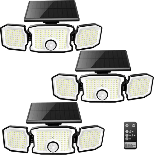 Miniatura 10 de Luces solares impermeables para exteriores, 2800 lm, 200 luces LED con sensor de movimiento, 3 cabezales y 3 modos de luces de inundación, luces
