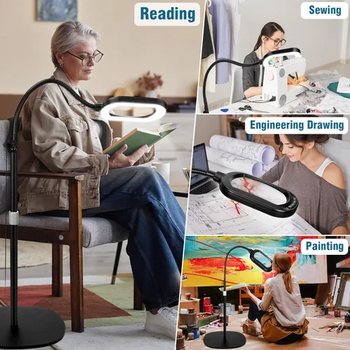Miniatura 8 de Lupa grande con luz y soporte, lente de vidrio real óptico rectangular de 10X, lámpara de pie de lupa de cuello de cisne ajustable en altura, 5