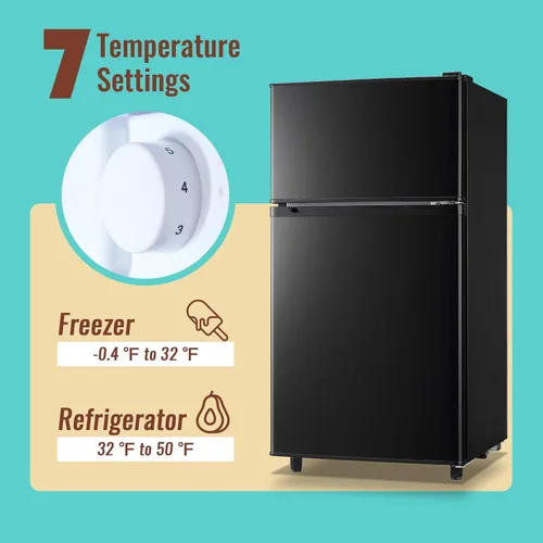 Miniatura 3 de WANAI Refrigerador pequeño con congelador de 3.5 pies cúbicos, mini refrigerador con congelador en la parte superior, doble puerta, pequeño Negro