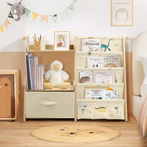 Miniatura 2 de Estantería para niños y organizador de juguetes 2 en 1, estante para libros para habitaciones de niños con cubo de juguetes móvil, estante de 4