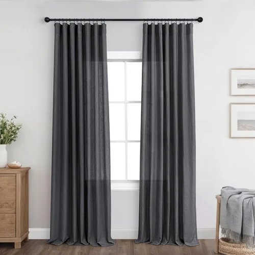 KOUFALL Cortinas de color gris oscuro para sala de estar, cortinas semitransparentes de lino moderno gris carbón de 84 pulgadas de largo para
