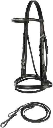 HORZE Weston - Brida de cuero acolchada con muserola flash y riendas de tela | Brida inglesa para caballos Negro