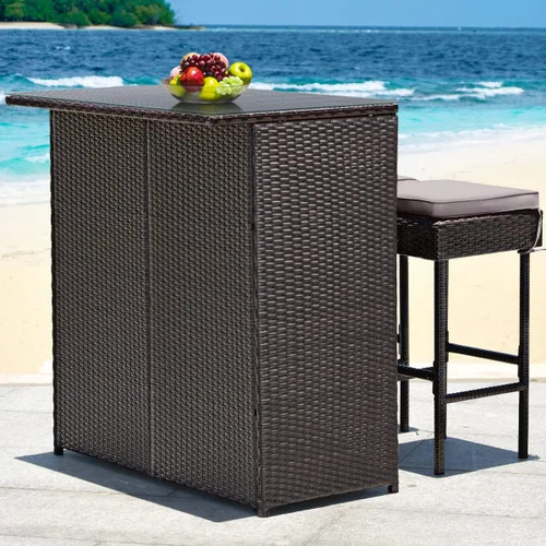 Miniatura 9 de Tangkula - Juego de barra para patio, 3 piezas de mimbre para exteriores, con 2 taburetes con cojines y mesa con cubierta de cristal, color gris