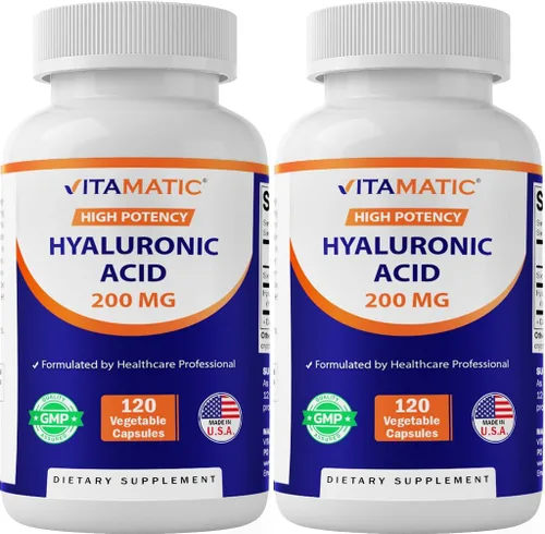 Vitamatic Paquete de 2 suplementos de ácido hialurónico de 200 mg – Apoya el tejido conectivo saludable y las articulaciones – Promueve una piel