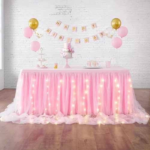 Miniatura 9 de Falda de mesa de tul con volantes,tutú de mesa LED, rosa, blanco, azul o gris. Falda para mesas rectangulares, para baby shower, boda o decoración